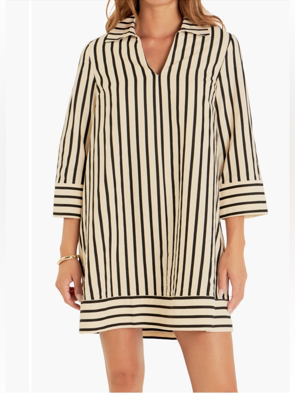 ENGLISH FACTORY Stripe Three Quarter Sleeve Dress Black and Cream Nordstrom